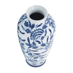 a blue and white vase with leaves on it