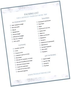 the packing list is shown in blue and white with text on it that says packing list for