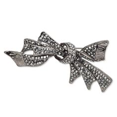 This versatile brooch features a bow with glass rhinestones and comes with a hidden bail for use as a pendant. Colors, shapes and sizes may vary in each lot. Silver Brooch With Decorative Bow For Party, Silver Brooch With Decorative Bow For Evening, Party Jewelry In Silver With Black Ribbon, Silver Jewelry With Black Ribbon For Parties, Silver Party Jewelry With Satin Bow, Silver Jewelry With Satin Bow For Party, Artistic Wire, Everyday Jewelry, Silver Wire