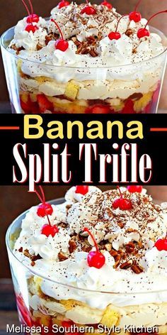 banana split trifle with whipped cream and cherries