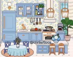 a kitchen with blue cabinets and white table cloth