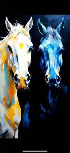 two horses standing next to each other in front of a black background with white frame