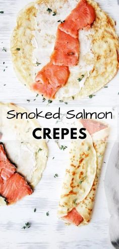 smoked salmon crepes with melted cheese and herbs on the top are ready to be eaten