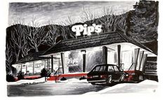 a black and white drawing of a gas station with cars parked in front of it