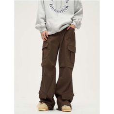 N-127-08 Brown Baggy Full-length Cargo Pants, Brown Baggy High Waist Cargo Pants, High Waist Brown Cargo Pants For Streetwear, Baggy Brown Wide-leg Cargo Pants, Brown Wide-leg Cargo Pants With Pockets, Baggy Brown Cargo Pants, Brown Baggy Cargo Pants, Brown Joggers Outfit, Brown Cargo Pants Outfit