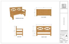 the plans for a bench and table are shown in three different sizes, with measurements