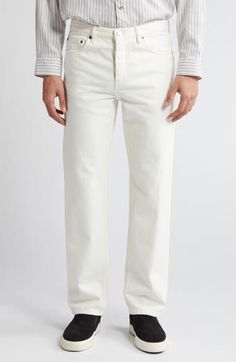 Classic straight-leg jeans are crafted from nonstretch denim in a solid wash that refreshes your warm-weather look. 32" inseam; 14 1/2" leg opening; 10 1/2" front rise; 14 1/2" back rise (size 29) Button fly Five-pocket style 100% cotton Machine wash, line dry Made in Turkey Classic Straight Hem Jeans For Summer, Spring Straight Fit Rigid Denim Pants, Modern Straight Hem Summer Jeans, Cotton Jeans With Five Pockets And Straight Fit, Classic Straight Fit Jeans For Summer, Cotton Straight Fit Jeans With Five Pockets, Cotton Straight Fit Jeans, Modern Straight Fit Bottoms In Rigid Denim, Straight Fit Cotton Jeans With Straight Hem