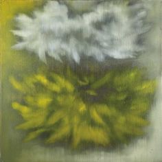 an abstract painting of green and yellow flowers in the foreground, with white clouds above