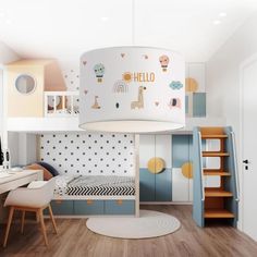 a child's room with a bed, desk and shelves