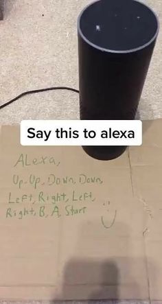 a cardboard box with writing on it and a black trash can next to it that says, say this to alexa