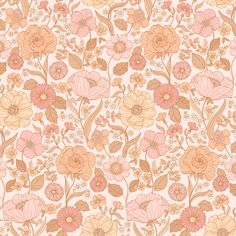 an orange and pink floral wallpaper with lots of flowers