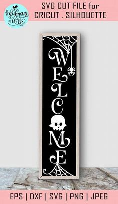 a sign that says welcome with skulls on it and the words welcome are in white