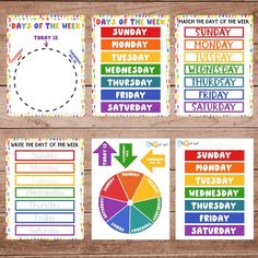 the days of the week printable worksheet is shown in three different colors