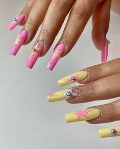 Nyc Nails, Claw Nails, Glow Nails, Acrylic Nails Coffin Pink, Yellow And Pink, Hot Nails, Square Acrylic Nails