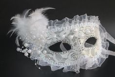 Masquerade Mask Pearls, White Masquerade Mask Aesthetic, All White Masquerade Party, Masquarede Ball Masks, Masquerade Ball Dresses And Masks, Pearl Masquerade Mask, Masquerade Ball Gowns Elegant With Mask, Masquerade Ball Outfit Ideas