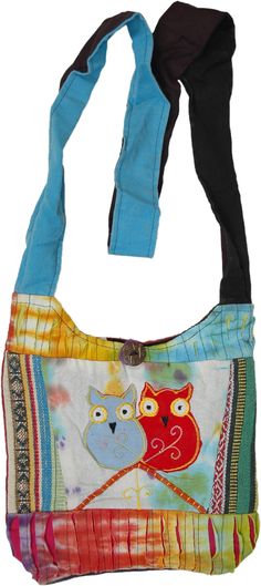 A multicolored small shoulder bag with hippie owl appliques. This mini Bohemian bag features a colorful tie-dyed front on which the appliques are embroidered along with very fine details on woven cotton fabric stripes. #tlb #Stonewash #Embroidered #Applique #Pocket #vacationclothing #TieDye #bohemianfashion #Bohemianbag #Shoulderslingbag Bohemian Cotton Bag With Adjustable Strap, Multicolor Embroidered Cotton Shoulder Bag For Everyday Use, Everyday Multicolor Embroidered Cotton Shoulder Bag, Festival Cotton Shoulder Bag With Adjustable Strap, Multicolor Bohemian Fabric Shoulder Bag, Bohemian Multicolor Cotton Bags, Bohemian Multicolor Fabric Shoulder Bag, Bohemian Multicolor Fabric Bag, Hippie Multicolor Cotton Bags