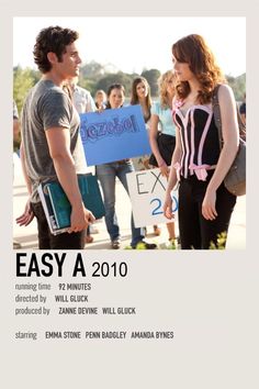 an advertisement for the movie easy a, featuring two people holding signs and talking to each other