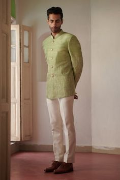 Green full sleeve bandhgala with stitchline thread embroidery in leaf placement pattern. - Aza Fashions Fitted Long Sleeve Nehru Jacket With Chikankari Embroidery, Semi-formal Bandhgala With Chikankari Embroidery And Long Sleeves, Fitted Pista Green Bandhgala With Chikankari Embroidery, Pista Green Bandhgala With Chikankari Embroidery, Pista Green Long Sleeve Designer Bandhgala, Pista Green Long Sleeve Bandhgala For Festive Occasions, Designer Long Sleeve Pista Green Bandhgala, Pista Green Long Sleeve Bandhgala For Festive, Pista Green Long Sleeve Bandhgala For Formal Occasions