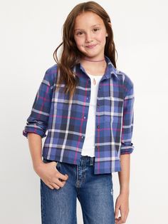 pointed collar long sleeves patch pockets at chest full-length button-front all-over plaid loose fit through body hits at waist models are approx.  4’3” – 4’8” and wear size m (8)machine wash according to the care instruction label  . Best Holiday gift for Kids , perfect Shirts for Christmas! Family Pajamas, Long Sleeve Plaid, Blue Plaid, Flannel Shirt, Shirts For Girls, For Girls, Old Navy, Shirt Blouses, Full Length