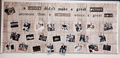 a bulletin board with pictures hanging from it's sides and words on the wall