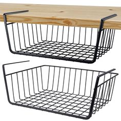 two metal baskets with wood top on each side and one is holding a wooden shelf