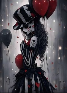 a woman dressed in black and white holding red balloons with her face painted to look like a clown