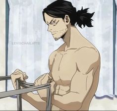 an anime character with no shirt on holding onto a railing