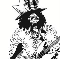 a drawing of a skeleton with a guitar in his hand and wearing a top hat