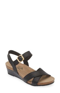 A gleaming buckle stands out against the supple leather straps on this open-toe sandal set on a low wedge for comfortable height. 1 3/4" heel (size 39) Adjustable ankle strap with buckle closure Cushioned footbed with arch support Leather upper and lining/synthetic sole Medium Width Low Heel Wedge Sandals With Buckle, Elegant Wedge Sandals With Buckle Closure, Elegant Open Toe Footbed Sandals With Removable Insole, Leather Low Heel Wedge Sandals With Buckle Closure, Low Heel Leather Wedge Sandals With Buckle, Medium Width Open Toe Wedge Sandals With Buckle, Elegant Open Toe Leather Footbed Sandals, Classic Sandals With Medium Width And Wedge Heel, Wedge Heel Sandals With Buckle Closure