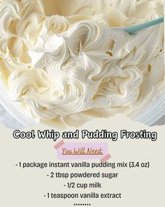 the ingredients to make whipped cream in a bowl are labeled with instructions for how to use it