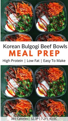 korean bulgoi beef bowls meal prepped and ready to be eaten with text overlay