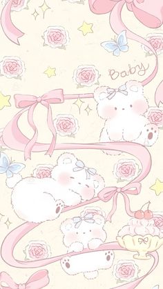 two teddy bears with bows and roses on a pink background that says, baby girl