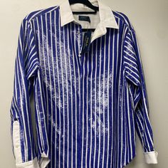 Polo Ralph Lauren, Size 12/Large, Blue And White Striped Sequin Button Down Top, Nwt Back Collar To Hem - 30” Armpit To Armpit - 22” Sleeve Shoulder To Cuff - 24” Back Shoulder To Shoulder- 19” Designer Blue Tops With Button Closure, Designer Blue Tops With Buttons, Designer Blue Button-up Top, Back Shoulder, Ralph Lauren Blue, Ralph Lauren Tops, Shoulder Sleeve, Polo Ralph, Button Downs