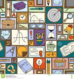 an abstract background with school related items and numbers, such as books, pencils, scissors