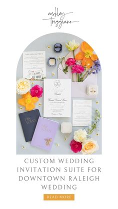 the wedding stationery suite is shown with flowers, cards and other items on it