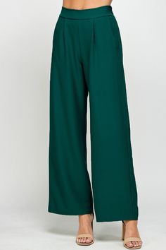 High waist wide leg pants w/ PocketsBack elastic for comfortable fitFront pleat detailSolid woven crepe fabric 95% polyester, 5% spandex Measurements: Waist: small 27", medium 29", large 32" Inseam: small 32", medium 32", large 32" Green Wide Leg Pants, High Waist Wide Leg Pants, Pants Large, Crepe Fabric, Hunter Green, Online Boutique, Leg Pants, Stylish Outfits, Wide Leg Pants