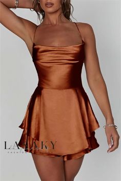 Lasaky - Elegant Sleeveless Dress with Cross Straps and Backless Design Hoco Dresses Knee Length, Brown Hoco Dress, 18th Dress, Cute Hoco Dresses, Trending Clothes, Satin Halter Dress, Prom Inspo, Sleeveless Dresses Casual, Spaghetti Strap Mini Dress