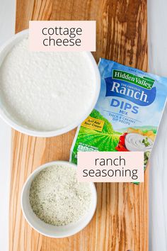 ingredients to make cottage cheese ranch dips on a cutting board with text overlay