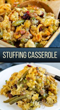 Stuffing Casserole with green beans, served casserole style on a plate Crock Pot Stuffing, Casserole With Sausage, Casserole Crockpot, Stuffing Casserole, Stuffing Recipes, Green Bean Casserole, Bean Casserole, Crock Pot Meals, Green Bean