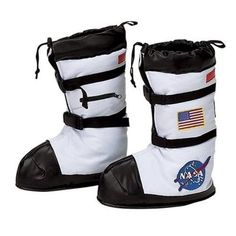 a pair of white and black boots with nasa patches on the side, one has an american flag patch