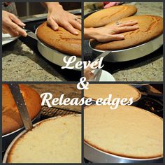 four pictures showing how to make a cake