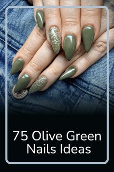 Take your manicure to the next level with these chic olive green nail ideas. From delicate glitters, to bold designs, you're sure to find something here that will complete any outfit! Whether you want something subtle or statement-making, these olive green nails are sure to have you looking fabulous. Discover your perfect look now and start turning heads. Olive Green Nail Ideas, Green Nail Ideas