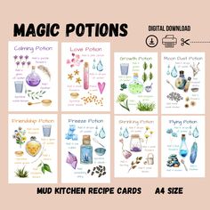 four different cards with the words, magic pots and kitchen recipe cards on each card