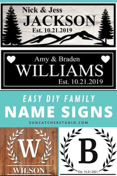 personalized family name signs with pine trees and mountains