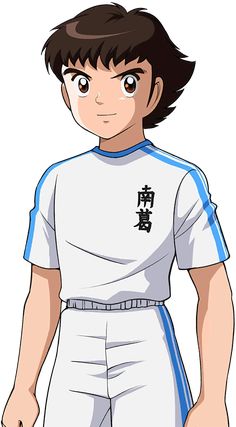 an anime character with black hair wearing a white shirt and blue trims, standing in front of a white background