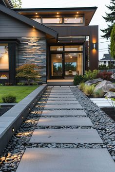 13 Secrets To A Stunning Rustic Modern Exterior for Your Home – DreamyHomeStyle Front House Wall Design, House Entry Design, Modern Front House, Lighting Design Ideas