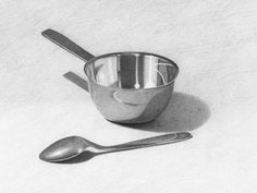 a drawing of two spoons and a measuring cup on a white surface with a shadow