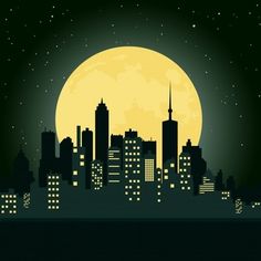 cityscape at night with full moon and stars in the sky, silhouetted against dark green background