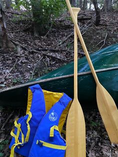 two paddles and a life jacket are on the ground in front of a canoe