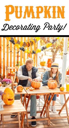 an adult and child sitting at a table with pumpkins